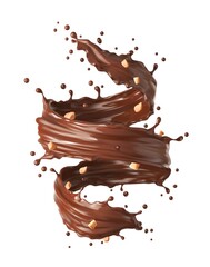 Wall Mural - Chocolate milk twister, whirlwind or tornado realistic splash with crushed peanut. Vector cocoa and coffee isolated swirl dessert wave or flow with nuts and splatters, 3d brown stream with drops