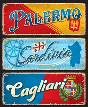 Palermo, Sardinia And Cagliari Italian Travel Stickers And Plates. Italian Cities And Island Grunge Postcard, Vector Tin Signs With Map Silhouette, Coat Of Arms. European Regions Vintage Plates