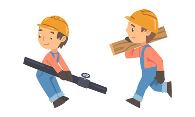 Wall Mural - Kid builders working with construction tools set. Boys wearing overalls and safety hard hat with pipeline and plank cartoon vector illustration