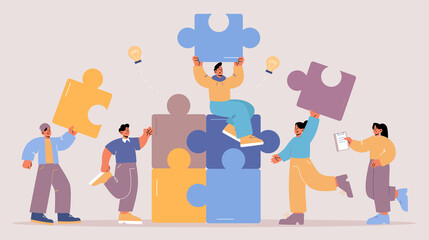 Poster - Teamwork and brainstorm concept. Team of people with puzzle and light bulbs work together. Vector flat illustration of partnership and cooperation with people brainstorming