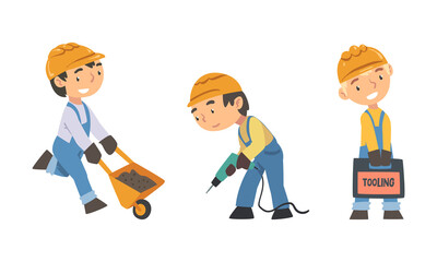 Canvas Print - Boy builders in overalls and hard hat with construction tools set cartoon vector illustration