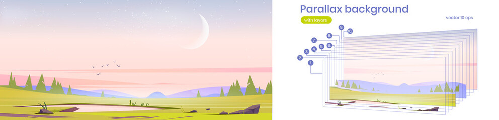 Wall Mural - parallax background with early morning nature landscape with green field with pond, grass, rocks and