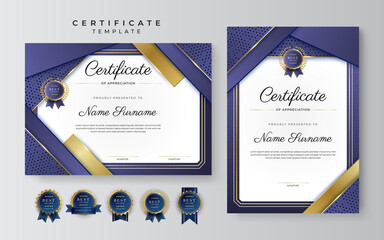 Wall Mural - Purple violet and gold certificate of achievement border template with luxury badge and modern line pattern. For award, business, cosmetic, beauty product and education needs