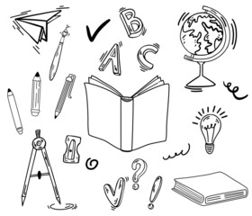 Wall Mural - School supplies. Back to school. Big set of doodle line art hand draw school items. Books, pencils, pens, notebooks, erasers, paper, clips, globe, backpack. Study. Vector illustration
