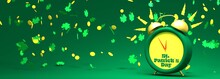 St. Patricks Day Greeting Card Template. Shamrock Leafs And Golden Coins. Ringing Alarm Clock. 3D Render