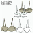Technical Sketch of PADDED BALCONETTE BRA in beige and white color. Editable underwear flat fashion sketch