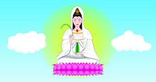 Guan Yin Or Kuan Yin In Traditional Chinese Or Kannon In Japanese Or Kuan Im In Thai - Buddhist Bodhisattva Floating In The Air And Sitting On Lotus Flower Blessing By Holy Water Or Blessed Water Draw