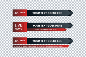 Wall Mural - Set of bundle lower third vector design banner with red and black shape strip color. Modern broadcast news lower for TV Bars, Breaking, Sport, Video Channel.