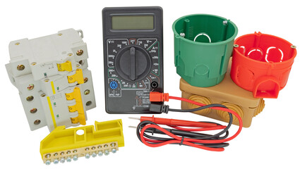 Poster - Electrical modular circuit breaker, digital multimeter and plast