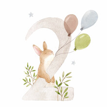 Beautiful Stock Illustration With Watercolor Hand Drawn Number 2 And Cute Rabbit Animal For Baby Clip Art. Two Month, Years.