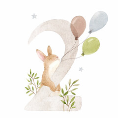 Beautiful stock illustration with watercolor hand drawn number 2 and cute rabbit animal for baby clip art. Two month, years.