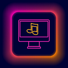 Canvas Print - Glowing neon line Computer with music note symbol on screen icon isolated on black background. Colorful outline concept. Vector