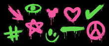 Set Of Neon Green And Pink Graffiti Spray. Collection Of Shapes, Smiley, Heart, Star And Dot With Spray Texture. Shining Elements On Black Background For Banner, Decoration, Street Art And Ads.