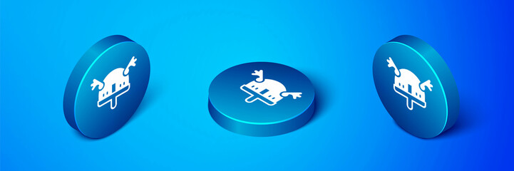 Canvas Print - Isometric Viking in horned helmet icon isolated on blue background. Blue circle button. Vector