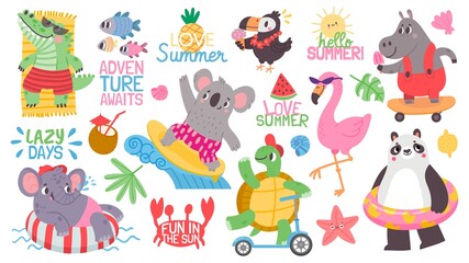 Cartoon kid animal summer vacation activity at beach. Koala surfer, flamingo and elephant swim on inflatable ring. Tropical party vector set