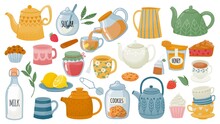Cups With Tea, Mugs, Desserts, Sweets, Pastry And Ceramic Teapots. Breakfast Leaf Drink. Kettle Pouring Hot Beverage. Tea Party Vector Set
