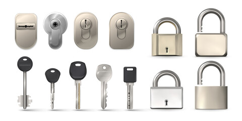 realistic modern keys, metal padlocks and door keyholes. open and closed safe steel pad lock. 3d key