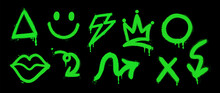 Set Of Neon Graffiti Spray Pattern. Collection Of Shapes, Smiley, Crown, Lips, Circle And Arrows With Spray Texture. Shining Elements On Black Background For Banner, Decoration, Street Art And Ads.