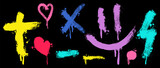 Fototapeta Młodzieżowe - Set of graffiti spray pattern. Collection of colorful symbols, purple smile, pink hearts, dot and stroke with spray texture. Elements on black background for banner, decoration, street art and ads.