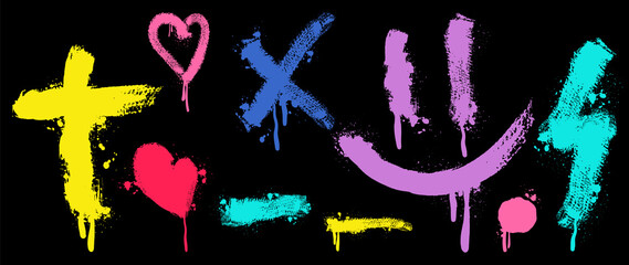 set of graffiti spray pattern. collection of colorful symbols, purple smile, pink hearts, dot and st