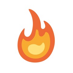 Poster - Hot burning fire icon. Hot flame, blaze symbol. Campfire, bonfire sign. Flammable pictogram with heat tongues in yellow and orange colors. Flat vector illustration isolated on white background