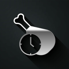 Sticker - Silver Food time icon isolated on black background. Time to eat. Long shadow style. Vector