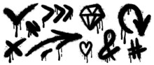 Set Of Black Graffiti Spray. Collection Of Arrow, Dot, Diamond, Heart And Symbols With Spray Texture And Stencil Pattern. Elements On White Background For Banner, Decoration, Street Art And Ads.
