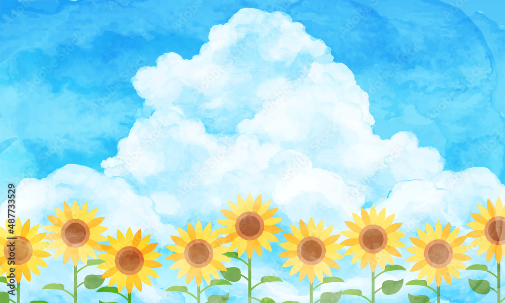 Image vectorielle Stock ひまわり畑と青空と入道雲の夏の水彩の