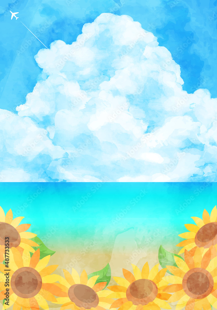 ひまわり畑と海と青空と入道雲の夏の水彩のベクターイラスト背景(art