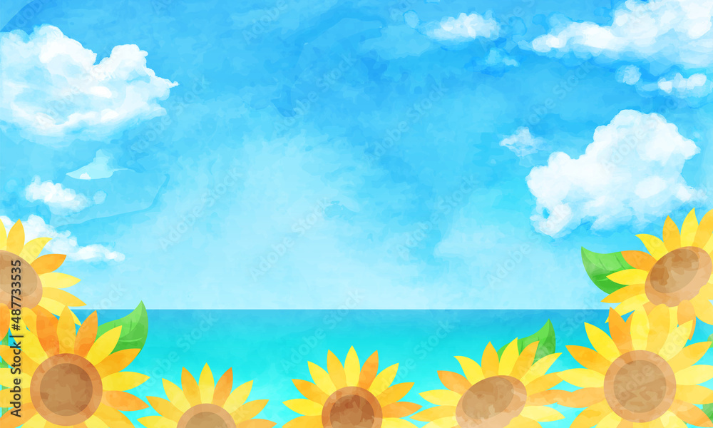 ひまわり畑と青空の夏の水彩のベクターイラスト背景(art,holiday