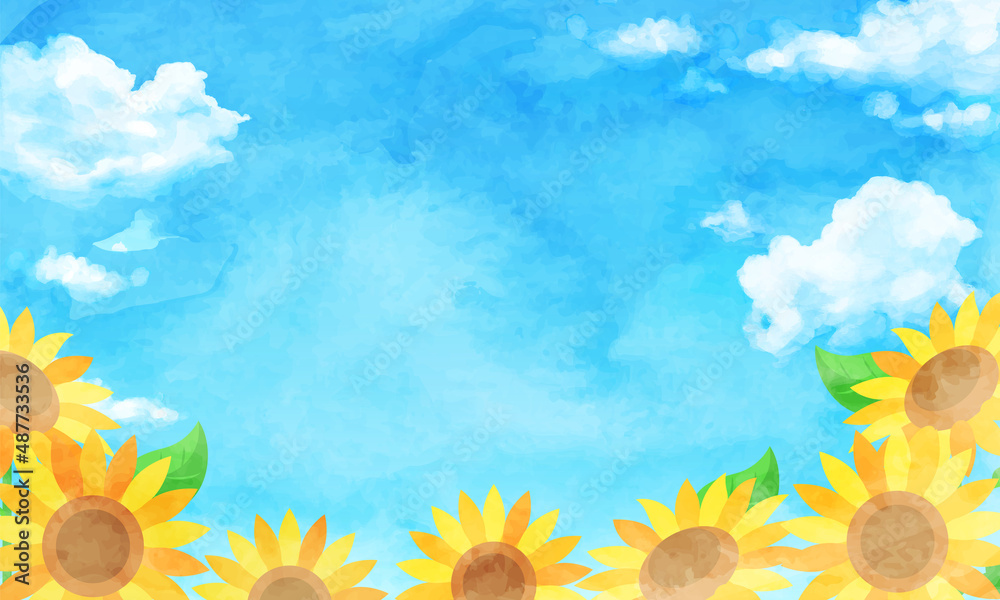 ひまわり畑と青空と入道雲の夏の水彩のベクターイラスト背景 の Stock