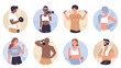 © Flash Vector - Sport exercises of people in gym, round avatar set vector illustration. Cartoon athletic woman and man training muscles wih dumbbell, barbell or kettlebell weight equipment. Sport activity concept
