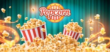 Crunchy Popcorn Snack Ad Poster With Striped Buckets And Grains. Sweet Or Salt Cinema Food Commercial. Flying Tasty Popcorn Vector Banner