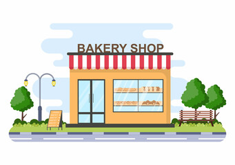 Bakery Shop Building That Sells Various Types of Bread such as White Bread, Pastry and Others All Baked in Flat Background for Poster Illustration