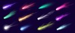 Realistic falling comets, meteors, asteroids and meteorites with fire trail. 3d cosmic shooting stars, space comet or fireballs vector set