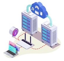 Server Racks, Wifi Router, Laptop Computer And Cloud, Vector Isometric Illustration. Cloud Hosting Internet Speed.