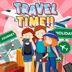 Poster - Travel time poster with cartoon travelers group