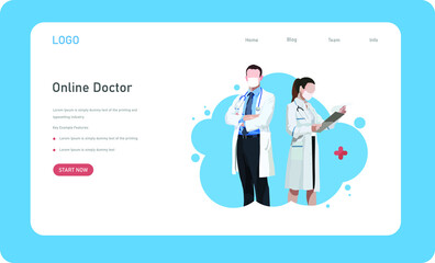 online medical service website landing page minimal ui design including male doctor and female docto
