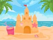 Cartoon sand castle, bucket and shovel at sea beach. Sand tower with seashells and flag. Children summer building activity vector concept