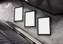 Three Vertical Billboards On Underground Wall Mockup. Hoardings Advertising Triptych On Subway Wall 3D Rendering