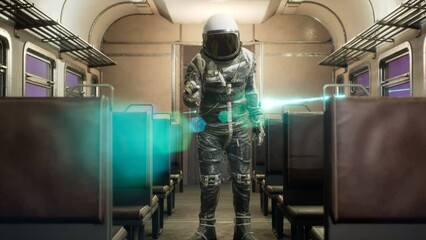 Wall Mural - an astronaut makes a negative gesture, on an interstellar space train hurtling at superluminal speed