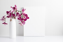 Beautiful Flowers Composition. Bouquet Of Pink Orchids In Vase On  Table. Photo Frame, Pink Orchid Flower On White Background. Concept Valentines Day, Happy Women's Day, March 8. 
