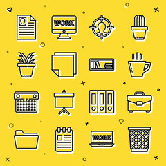 Sticker - Set line Trash can, Briefcase, Coffee cup, Head hunting concept, Post note stickers, Plant pot, Resume and Shelf with books icon. Vector