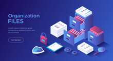File Organization Service. Document Archiving Concept. Organized Data Storage System. Drawers With Folders And Documents. Isometric Landing Page. Vector Web Banner.