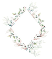 Canvas Print - Watercolor painted floral frame. Arrangement with branches and leaves. Vector rhombus template for wedding invitation