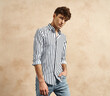 Hansome man wear striped cotton shirt in black and white