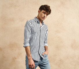 Wall Mural - Hansome man wear striped cotton shirt in black and white