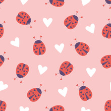 Ladybugs And Hearts Seamless Background Repeating Pink Pattern, Wallpaper Background, Cute Valentines Ladybirds Love Background