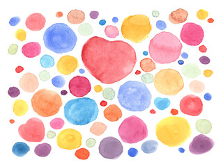 Watercolor abstract colorful dots background, hand painted circles isolated on white, geometric doodle pattern design. Contemporary minimal multicolored art.