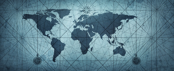 Fototapete - Old map of the world on a old parchment background. Vintage style. Tinting in blue color. Elements of this Image furnished by NASA.